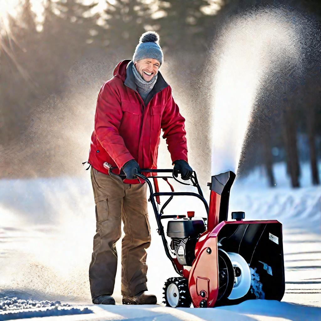 Подробный крупный портрет улыбающегося мужчины средних лет, работающего с красным самодельным снегоуборщиком в солнечное зимнее утро