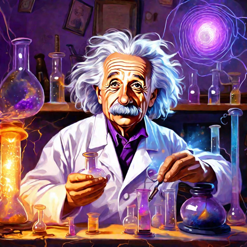 Портрет Эйнштейна с пробиркой светящейся жидкости