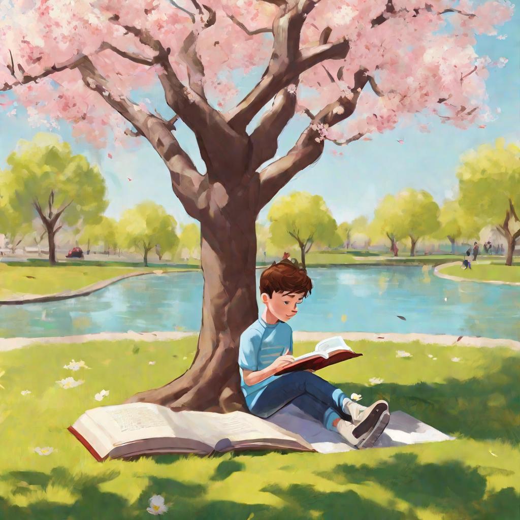 Мальчик читает книгу под деревом