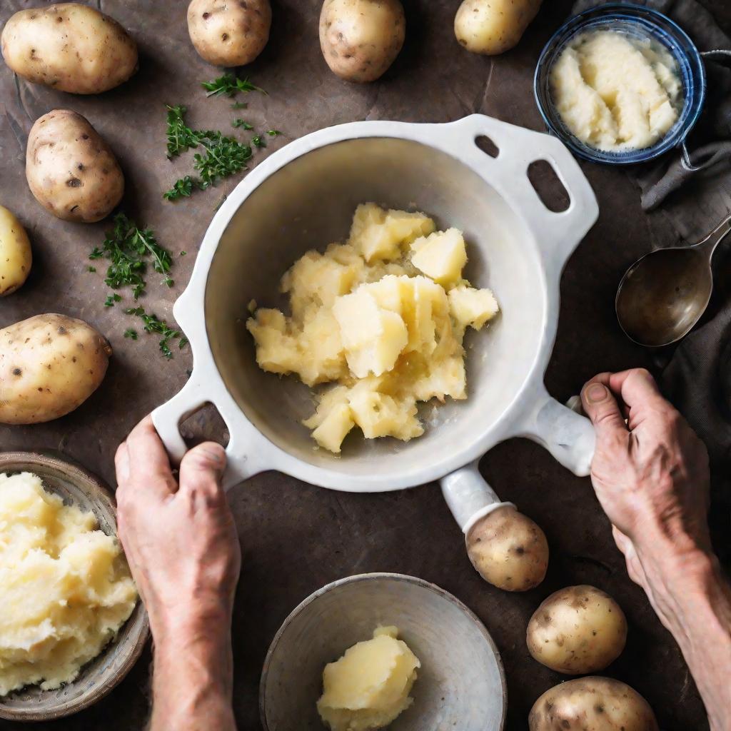 Руки прессуют картофель через дуршлаг в миску