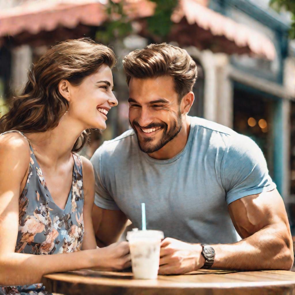 Парень и девушка беседуют в кафе летом