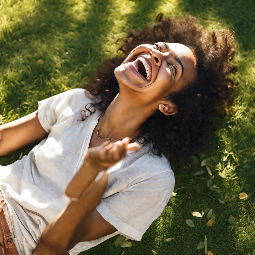 Портрет смеющейся девушки с комбинированной кожей в парке. Женщина с такой кожей медитирует на лужайке. Празднование с участием таких девушек.