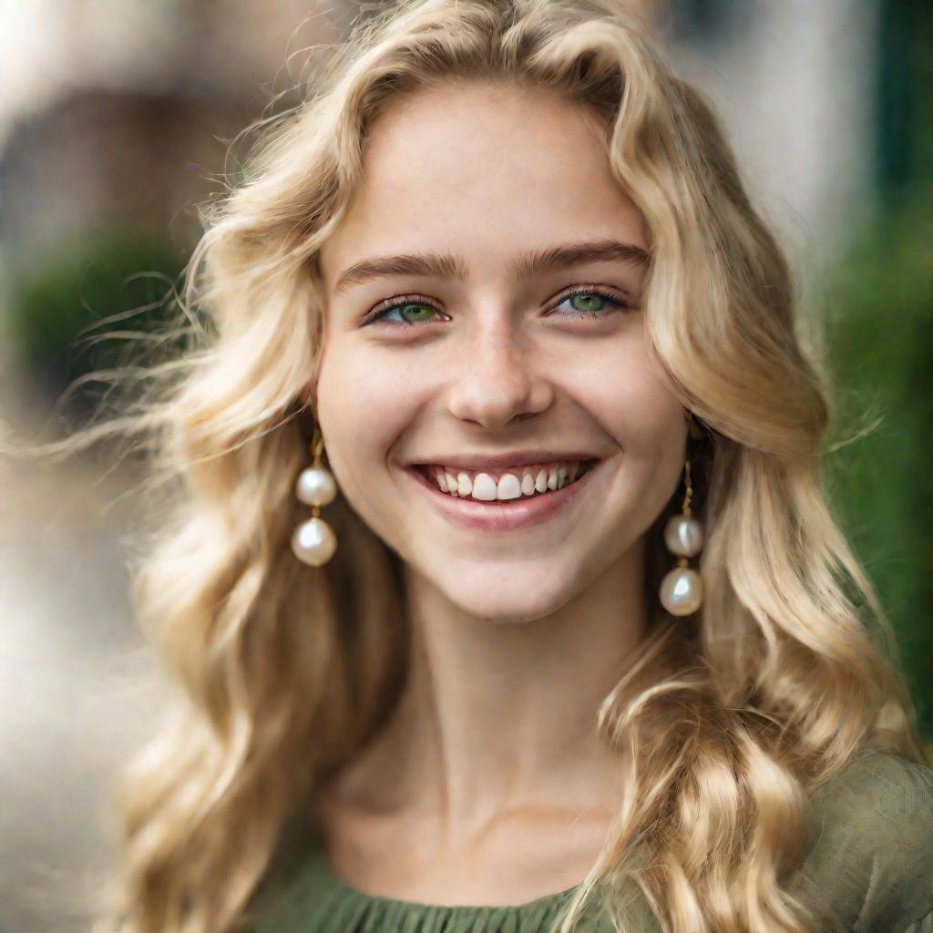 Крупным планом портрет молодой улыбающейся блондинки с длинными волнистыми волосами и зелеными глазами.