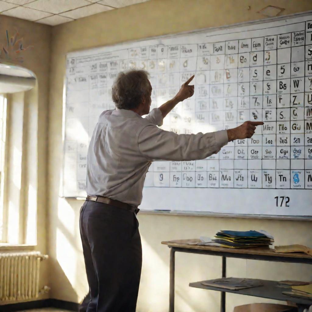 Учитель химии показывает на таблицу Менделеева в классе, объясняя, как определить валентность элемента по его положению в таблице