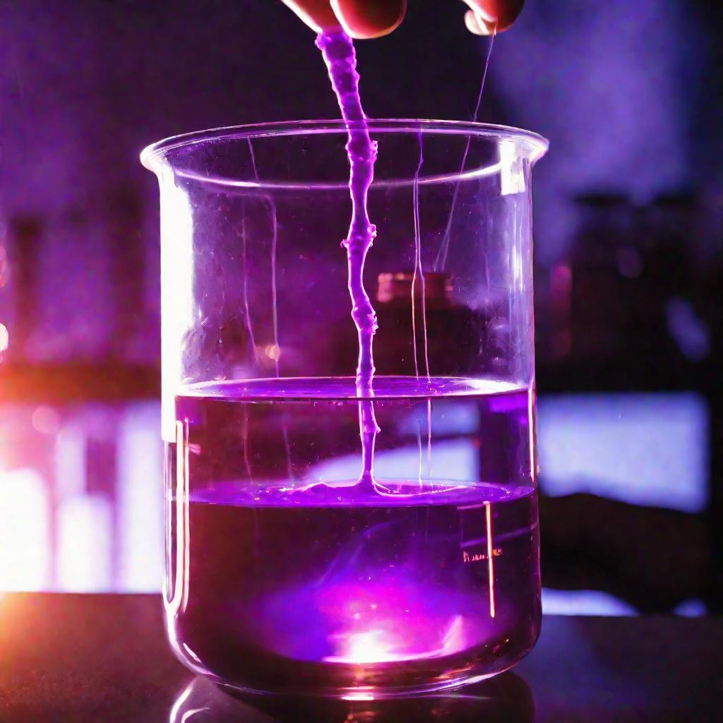 Руки лаборанта наливают ярко-фиолетовую жидкость в химический стакан, проводя опыт по определению валентности элемента