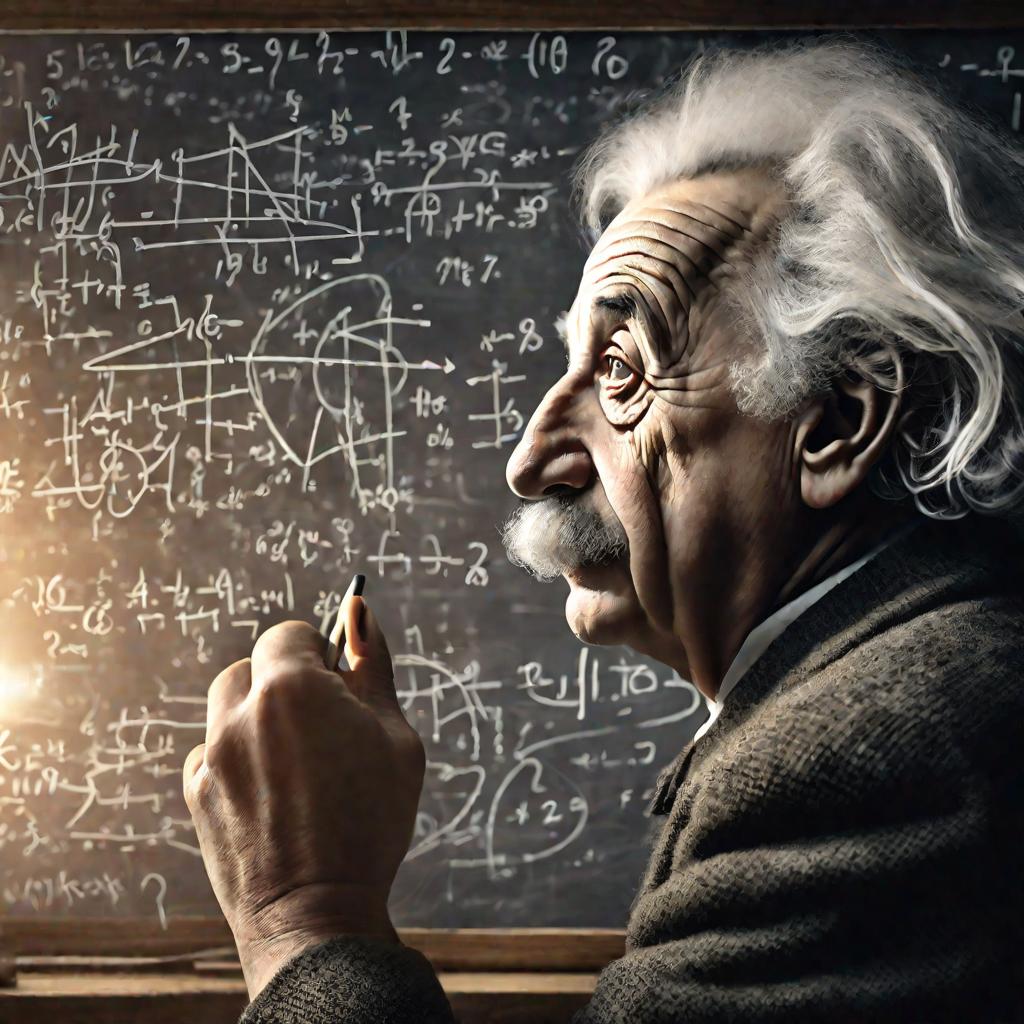 Портрет Эйнштейна, решающего сложные уравнения у доски