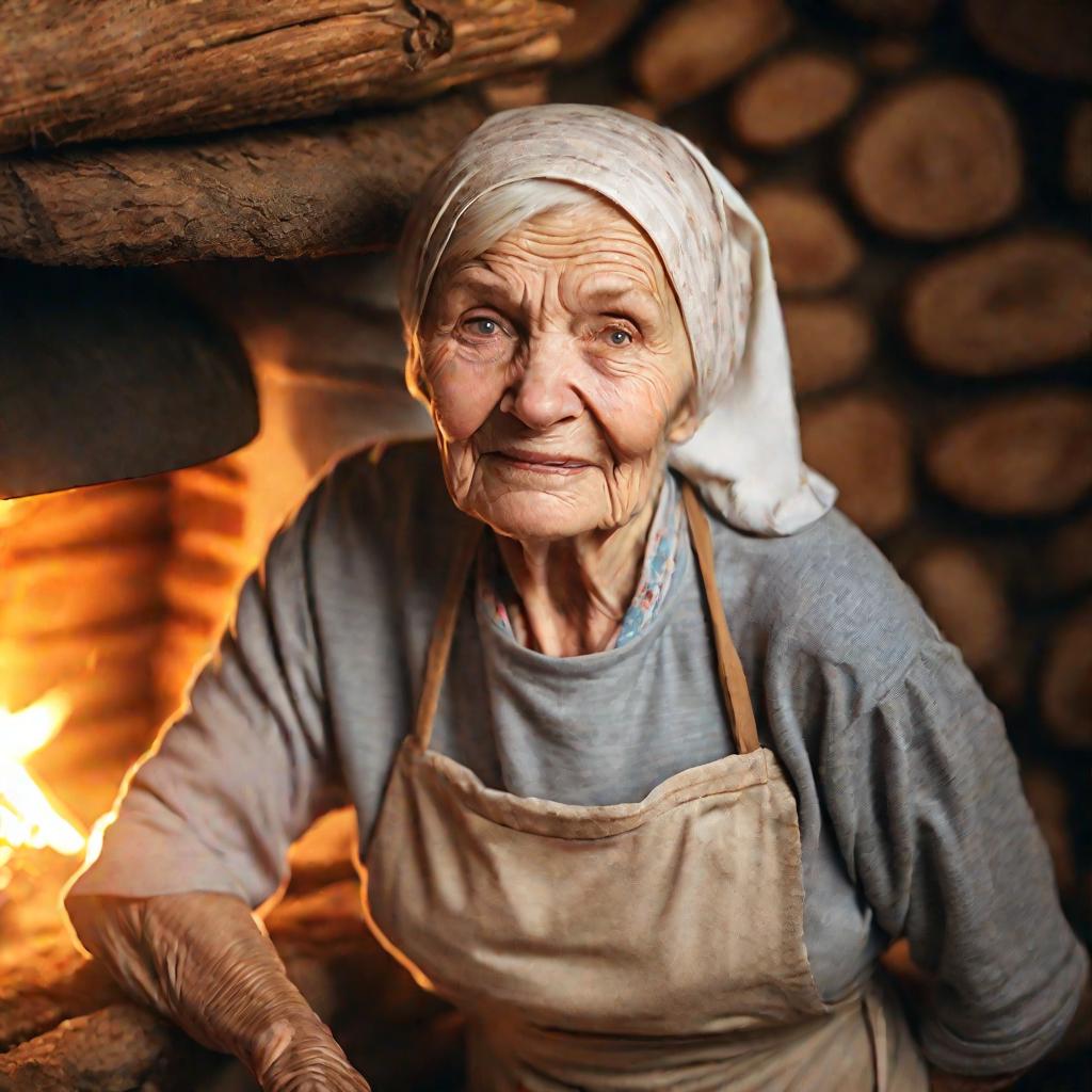Портрет пожилой женщины с умудренным лицом в платке и фартуке