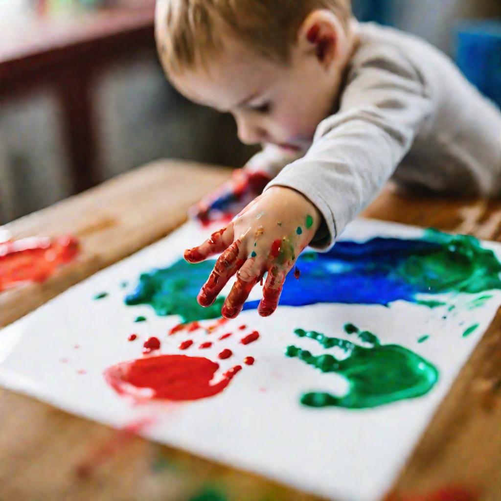 Мальчик рисует пальцами краски