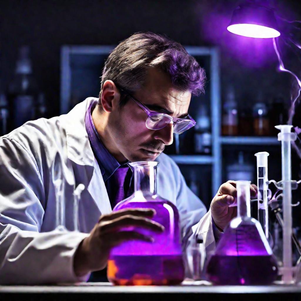 Портрет химика в лаборатории. Он титрует ярко-фиолетовый раствор.