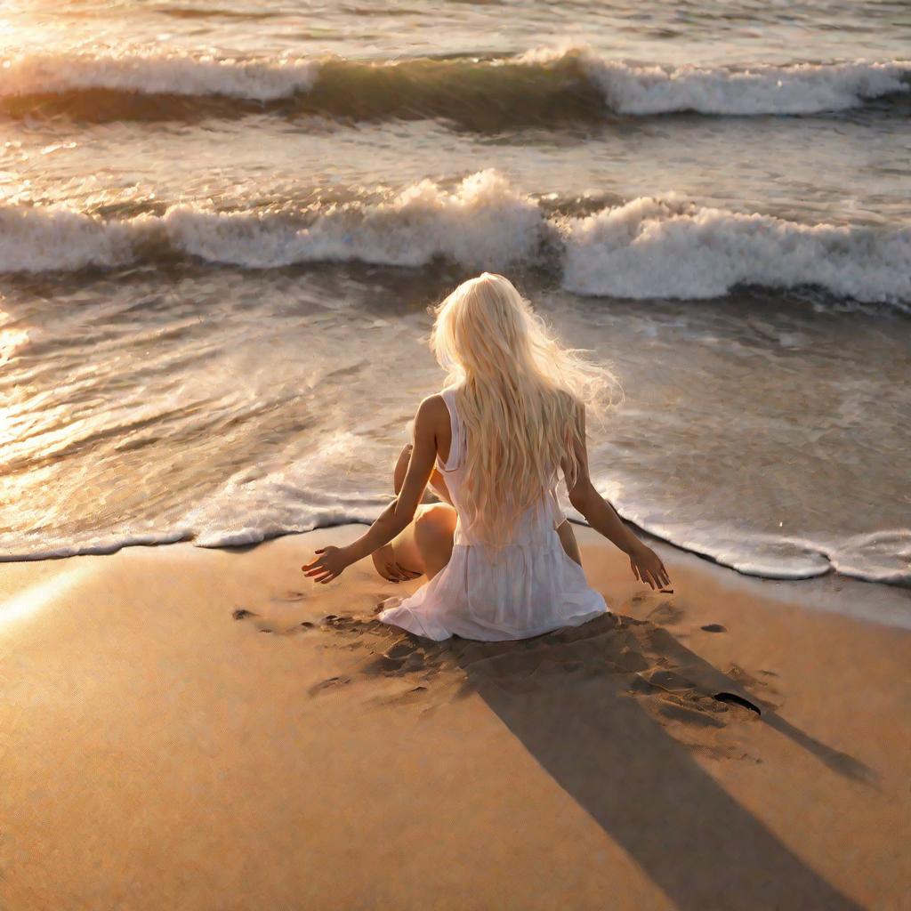 Женщина на пляже на закате расчесывает очень длинные светлые волосы.