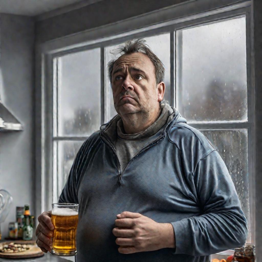 Портрет мужчины средних лет с пивным животом в его кухне. Он смотрит задумчиво в окно в пасмурный зимний день.