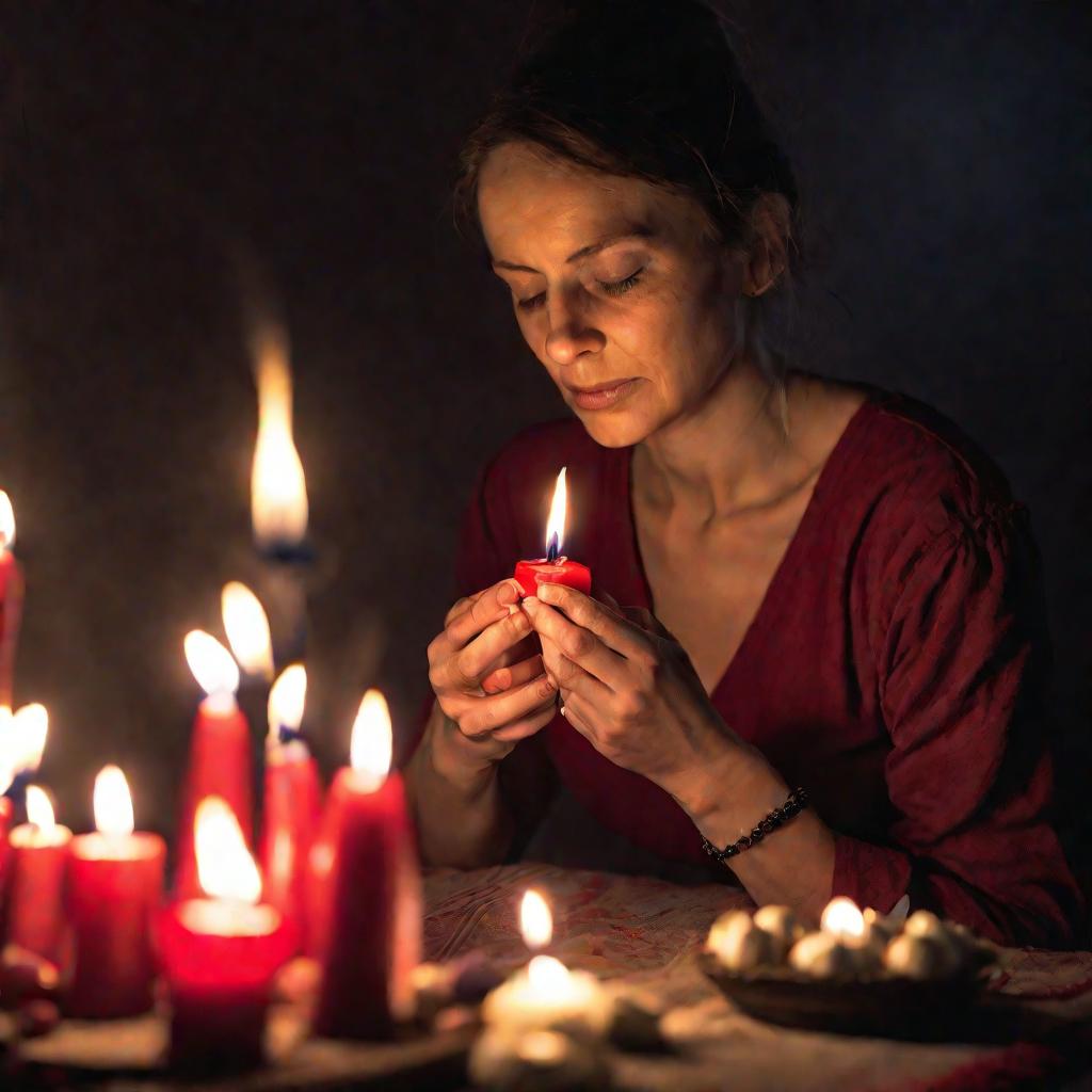 Женщина зажигает красную свечу