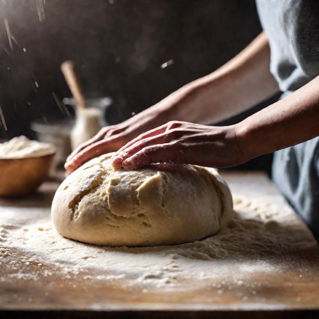 Женские руки месят воздушное дрожжевое тесто для хлеба в естественном освещении