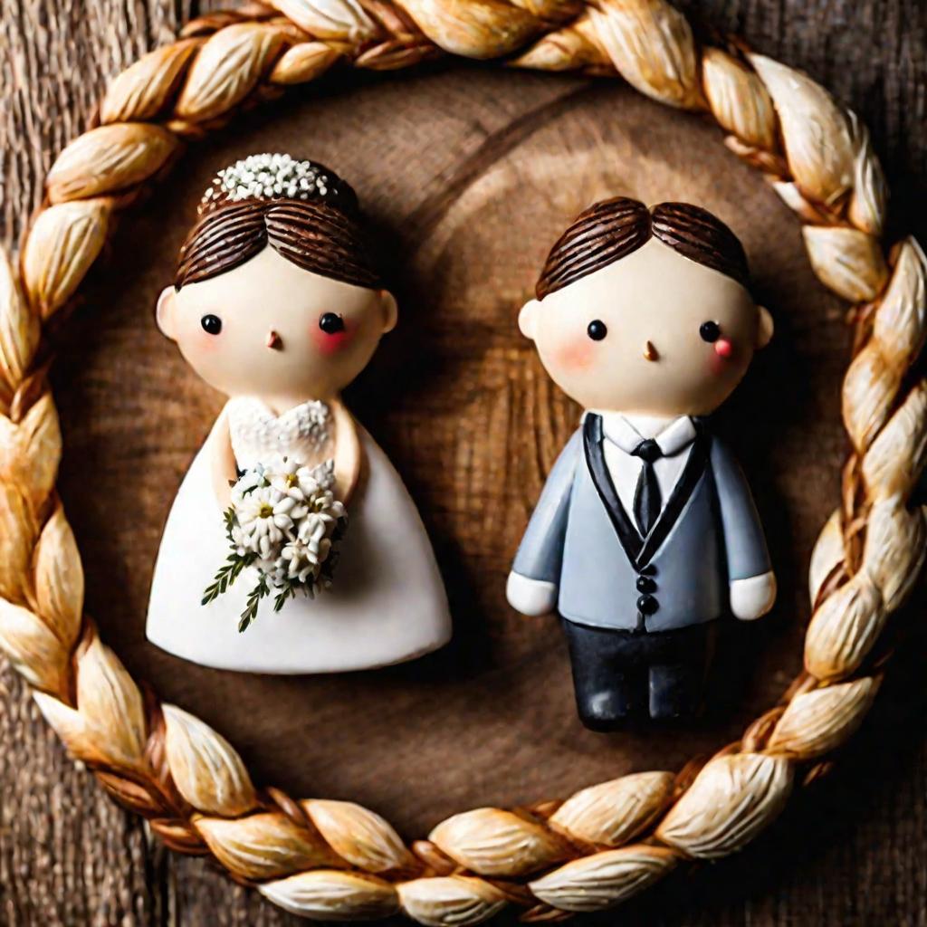 Фигурки невесты и жениха на фоне круглого праздничного хлеба с пшеницей и цветами на деревянном фоне