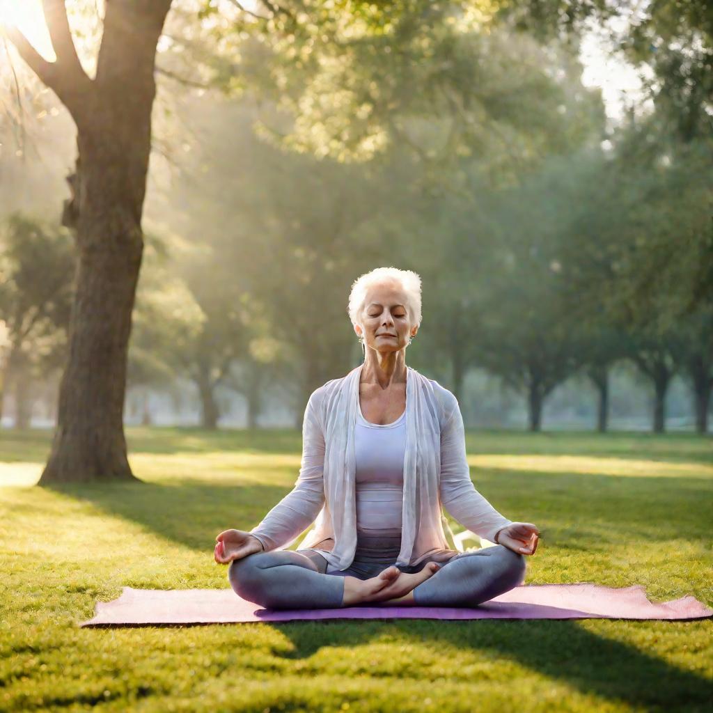 Пожилая женщина делает йогу на траве в парке по утру