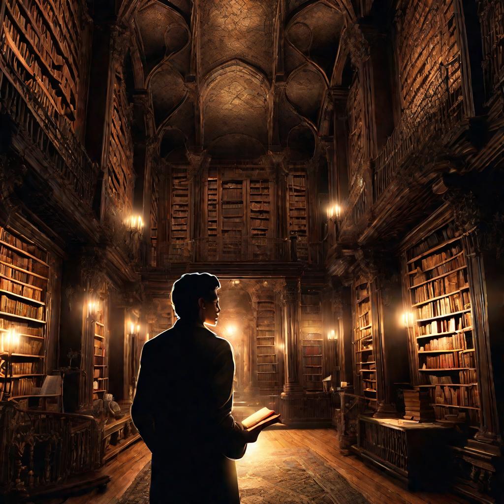 Молодой человек находит мистическую книгу в библиотеке ночью