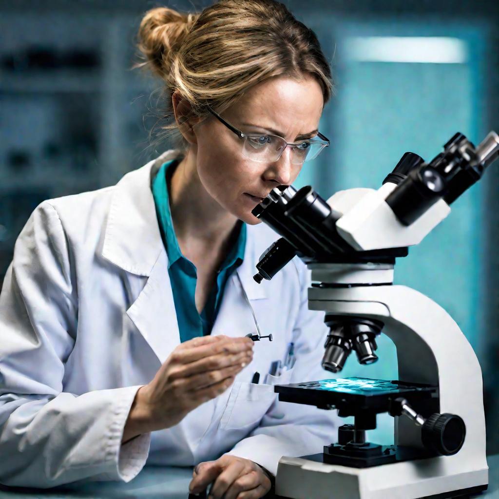 Женщина в белом халате смотрит в микроскоп в лаборатории. Она сосредоточена на анализе образцов антибиотиков, чтобы найти новые методы лечения.