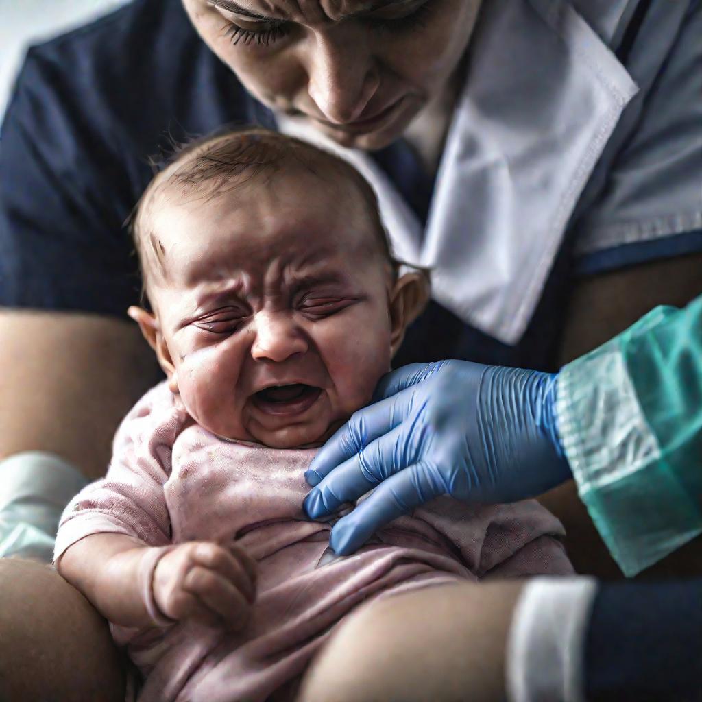 Грудной ребенок плачет во время укола прививки, испытывая боль и дискомфорт. Врач аккуратно держит ножку младенца, чтобы сделать укол.