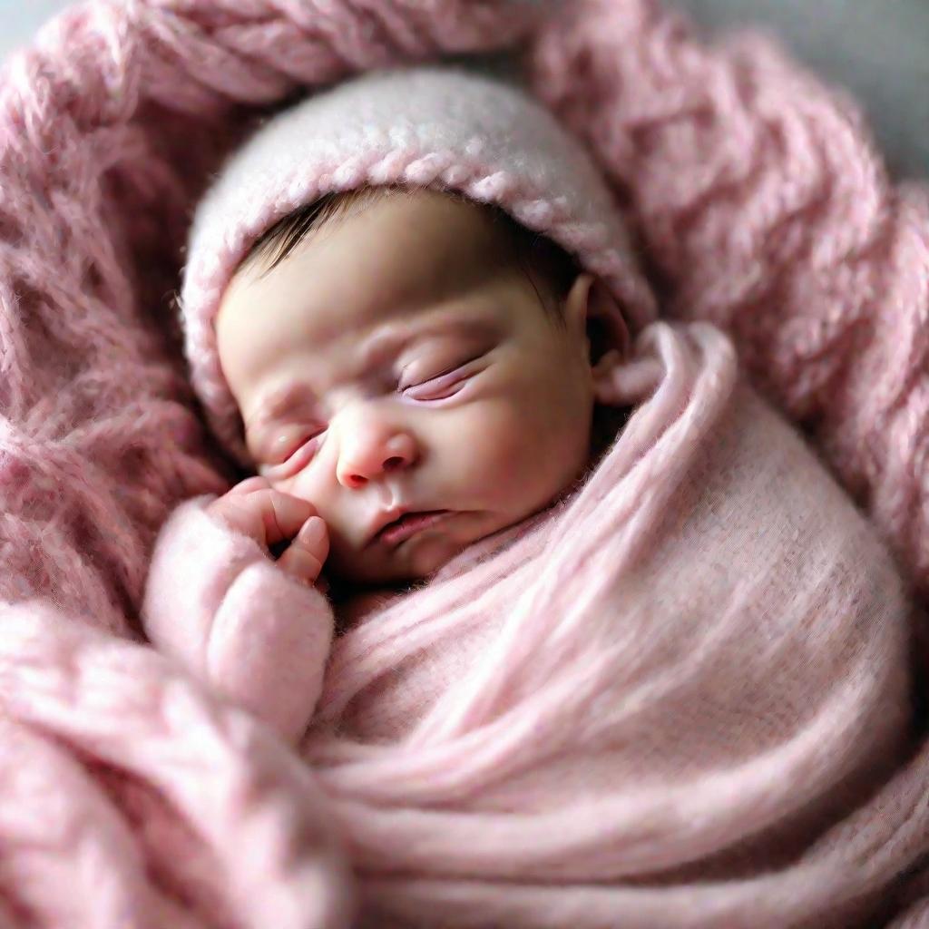 Крупный план руки, бережно придерживающей новорожденного младенца, завернутого в мягкое белое одеяло. Глаза малыша закрыты, длинные темные ресницы лежат на пухлых розовых щечках. Маленькие пухлые губки слегка приоткрыты, крошечный кулачок подогнут у подбо