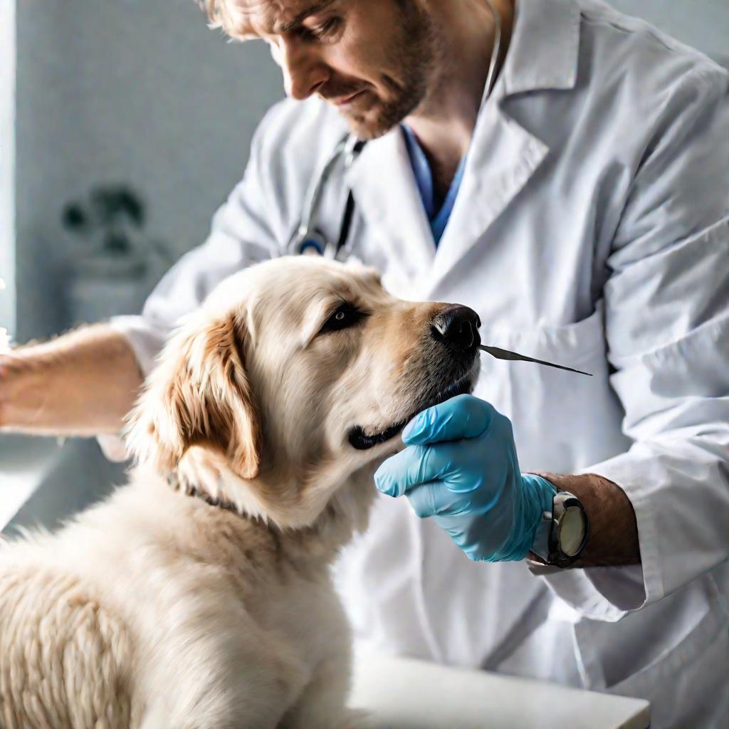 Ветеринар удаляет клеща у собаки