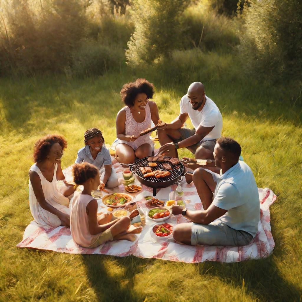 Счастливая семья на пикнике на лугу летом