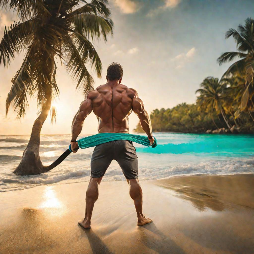 Мужчина тренирует мышцы спины с резиновой лентой на тропическом пляже на закате.