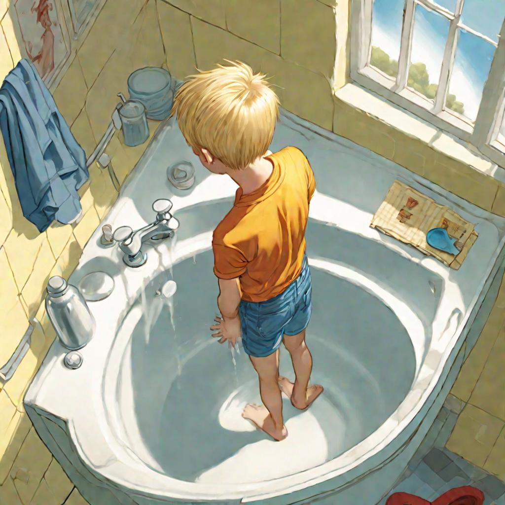 Мальчик в ванной моет приватные части с серьезным выражением лица