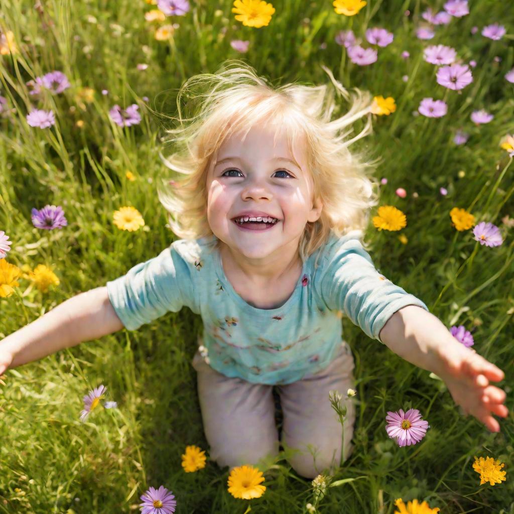 Пейзаж с высоты птичьего полета, широкий кадр, улыбающаяся девочка сидит на траве весной