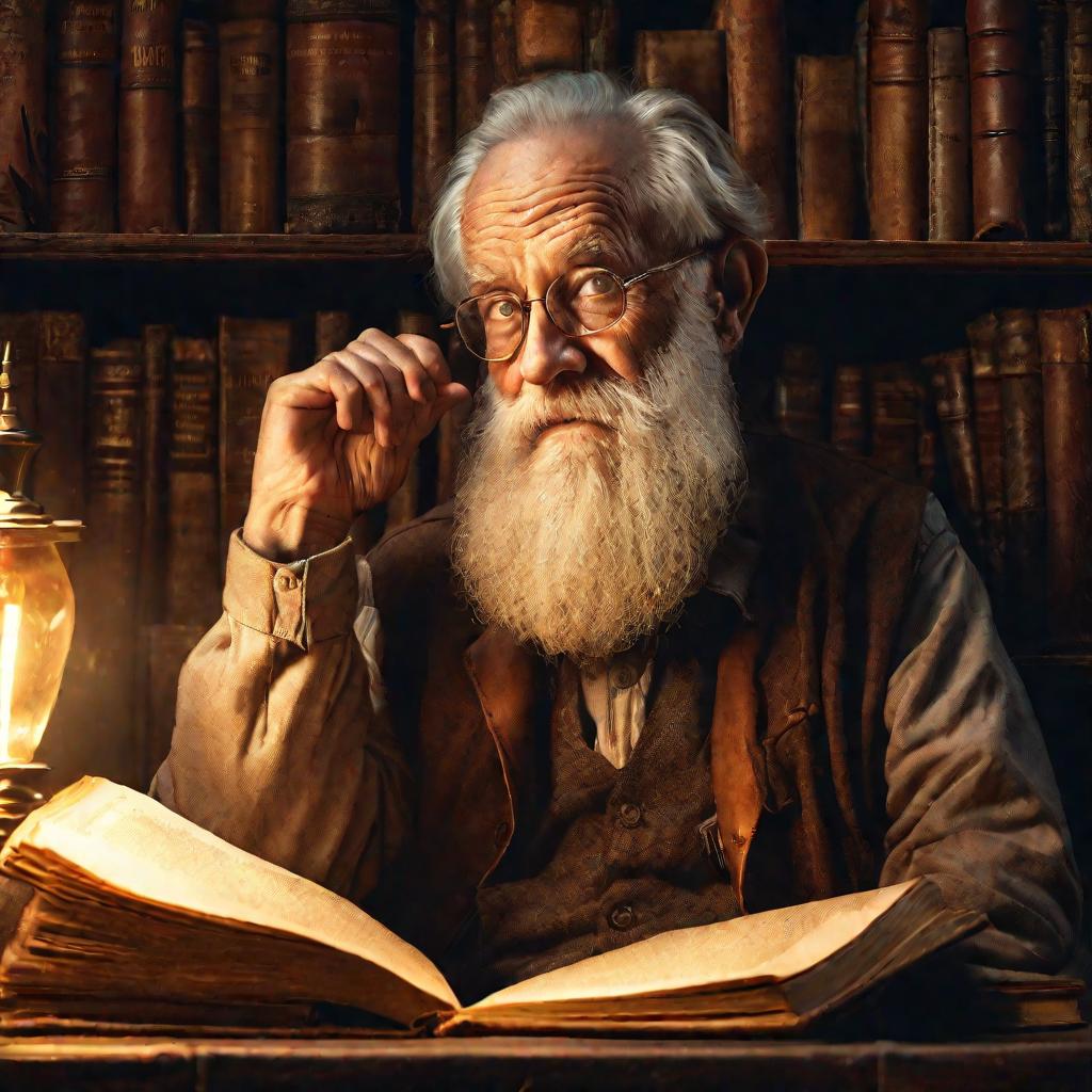 Портрет пожилого бородатого мудреца в библиотеке