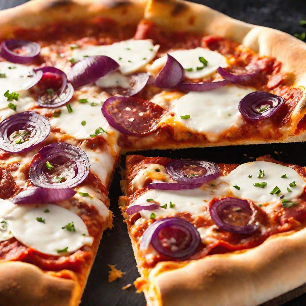 Пицца Пепперони с луком на лопатке для пиццы.
