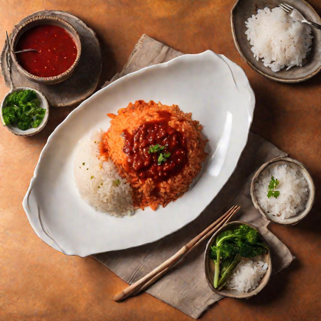 Тарелка с рисом, политым аппетитной красной подливой.