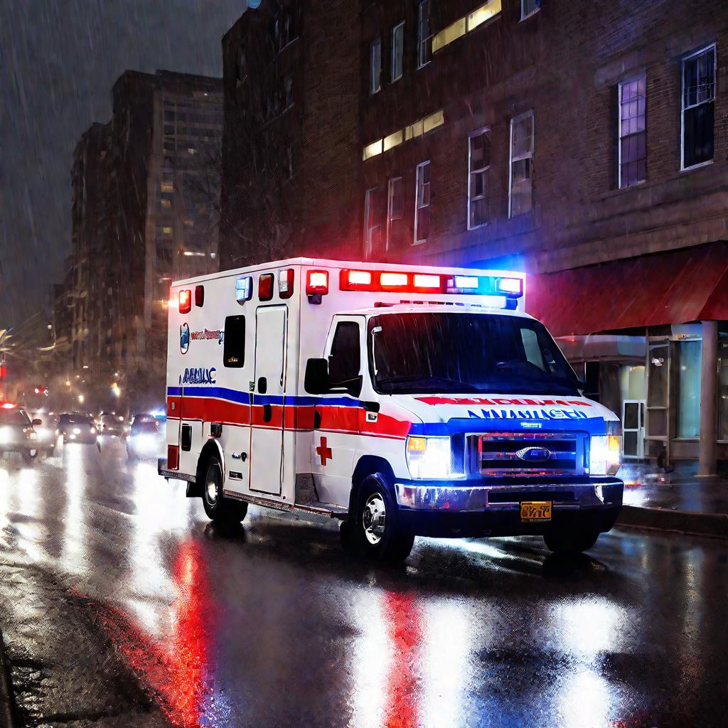 Машина скорой помощи везет больного менингитом в больницу ночью