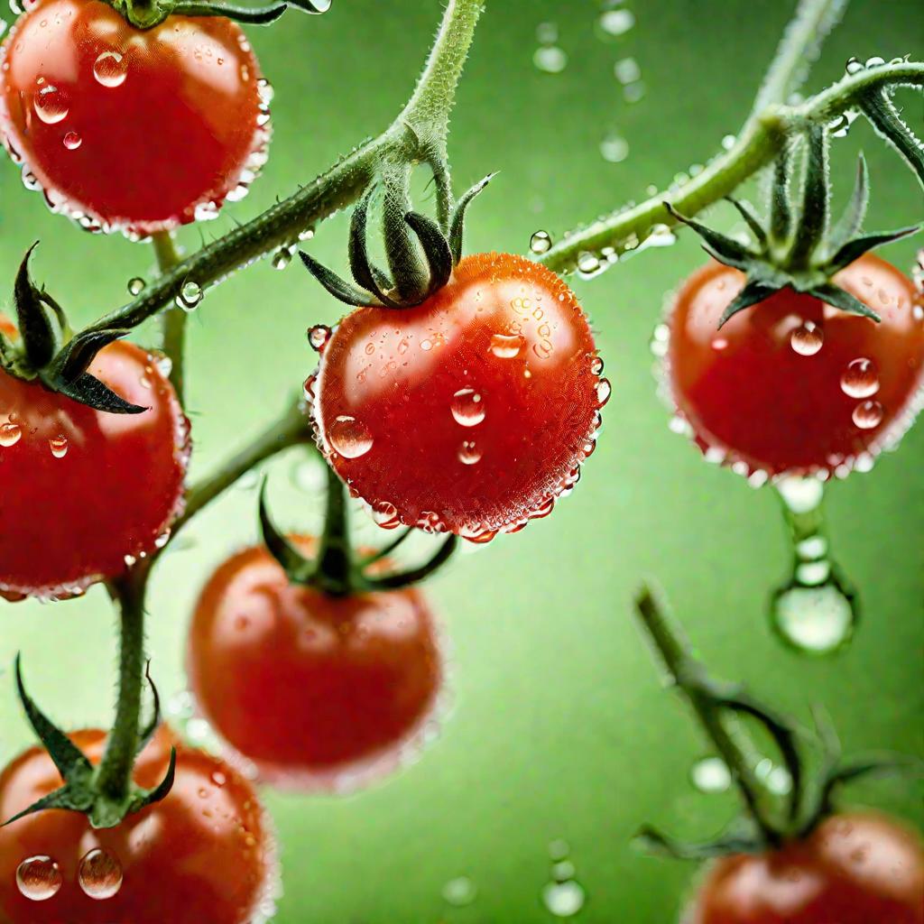 Спелые красные томаты черри с каплями воды на зеленом фоне