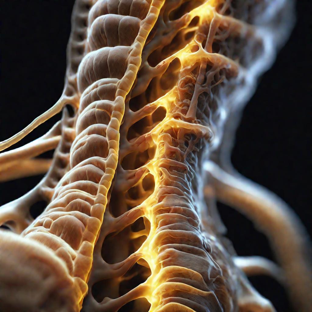 Портрет спинного мозга человека крупным планом с драматическим боковым освещением, выделяющим сложную текстуру и анатомию.