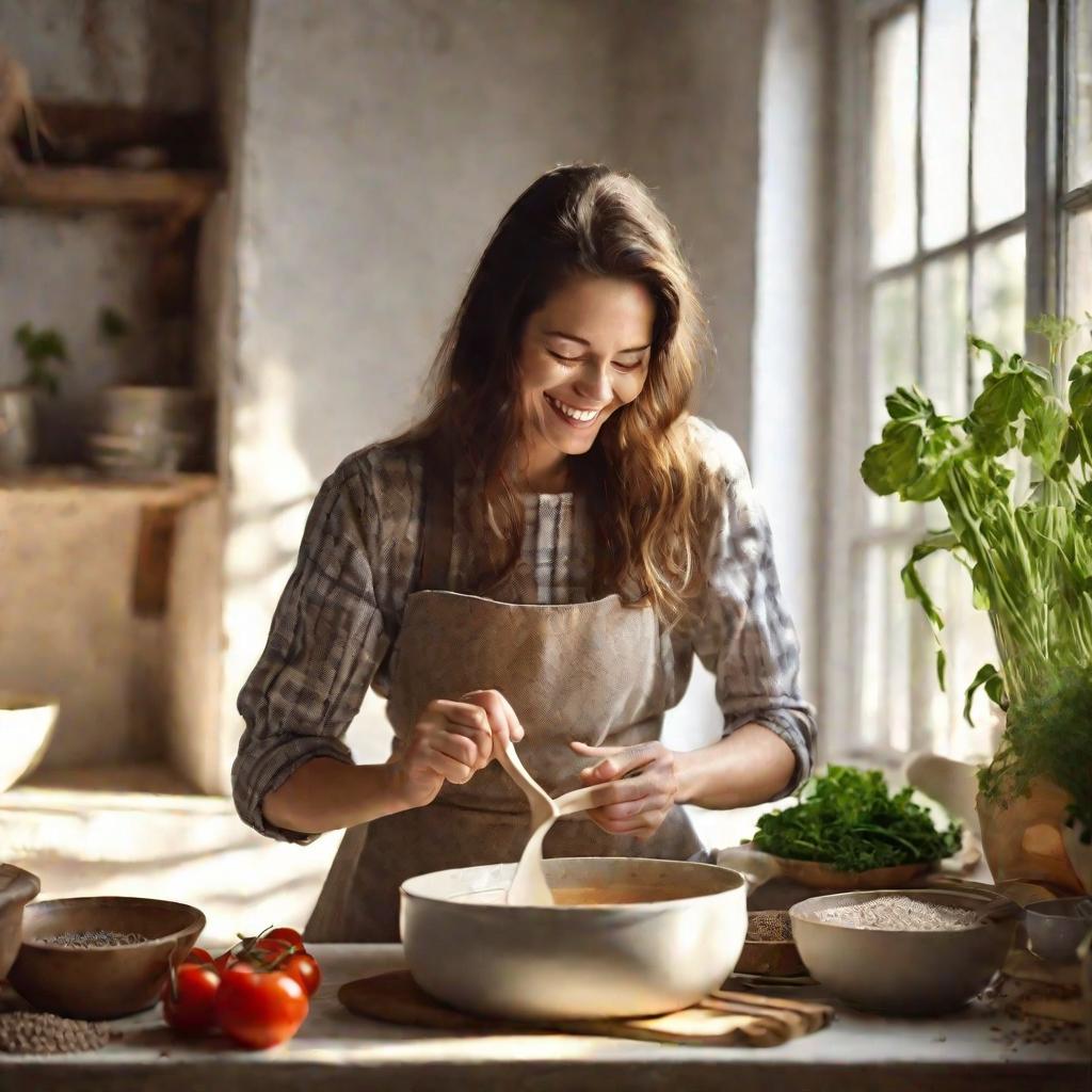 Женщина пробует гречневый суп на кухне.