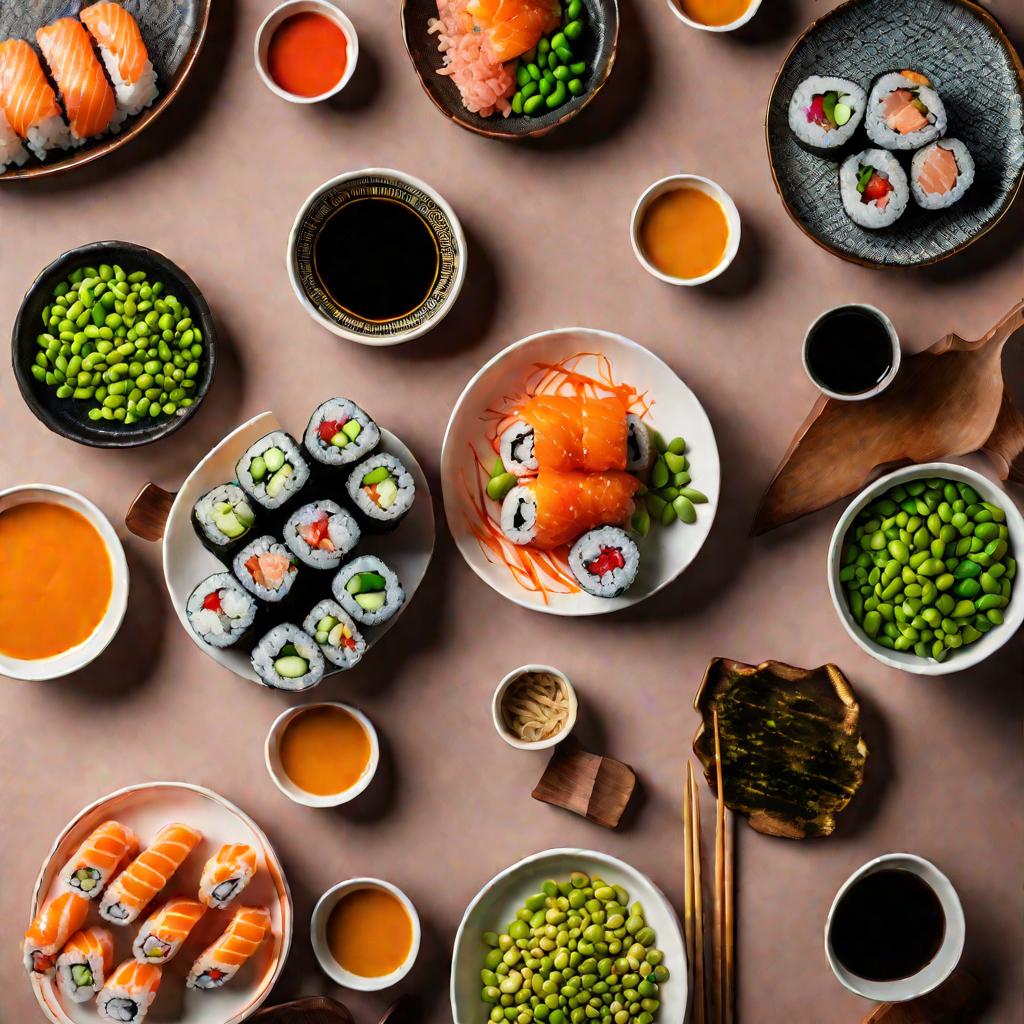 Стол с разнообразными яркими суши и соусами