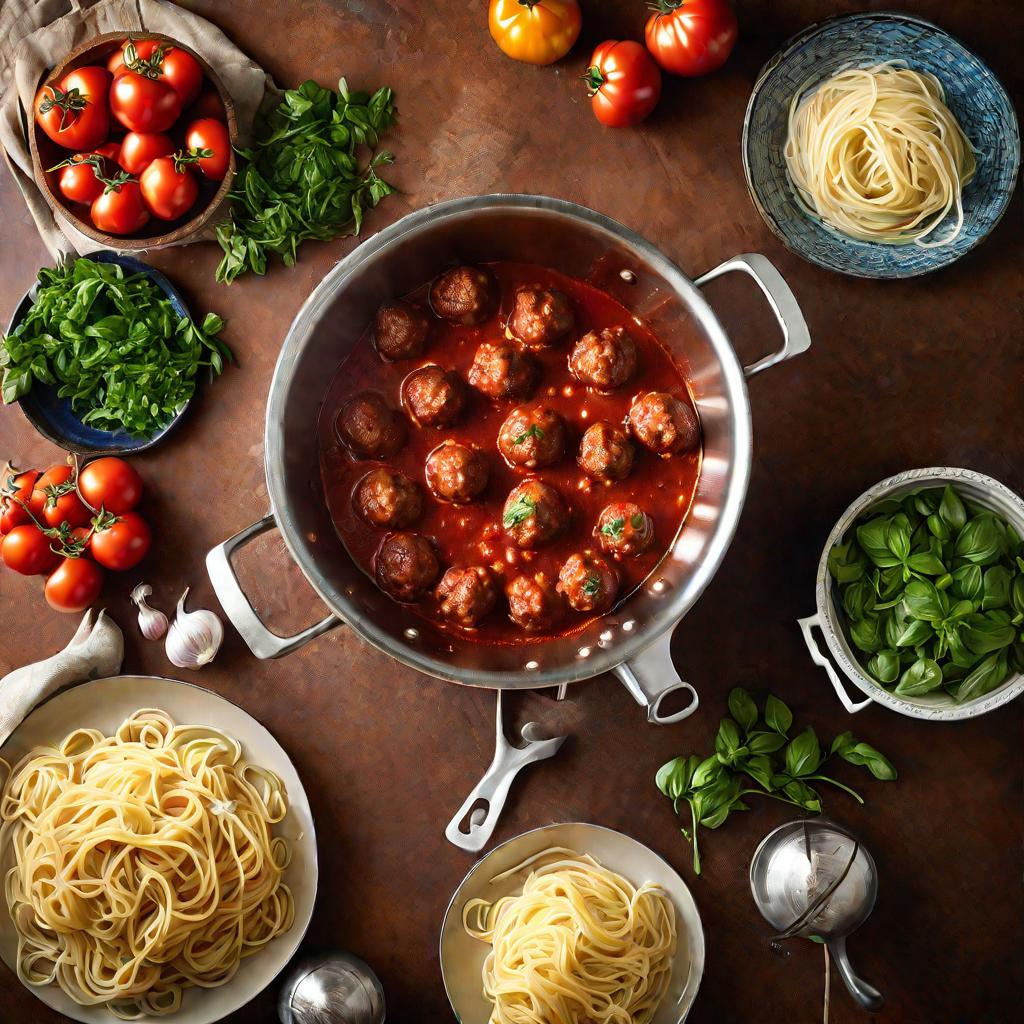 Большая кастрюля с томатным соусом и фрикадельками на плите рядом с дуршлагом со свежеприготовленными спагетти в итальянской домашней кухне с мягким освещением