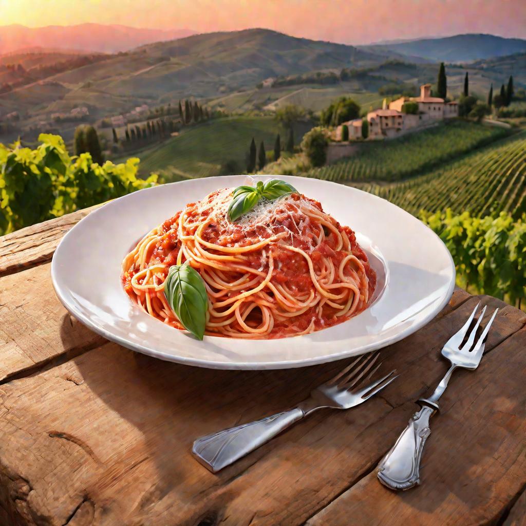 Большая белая тарелка с горячими спагетти, залитыми густым кремово-розовым томатным соусом с базиликом и тертым пармезаном на деревянном столе на фоне холмов с виноградниками в итальянской деревне на закате