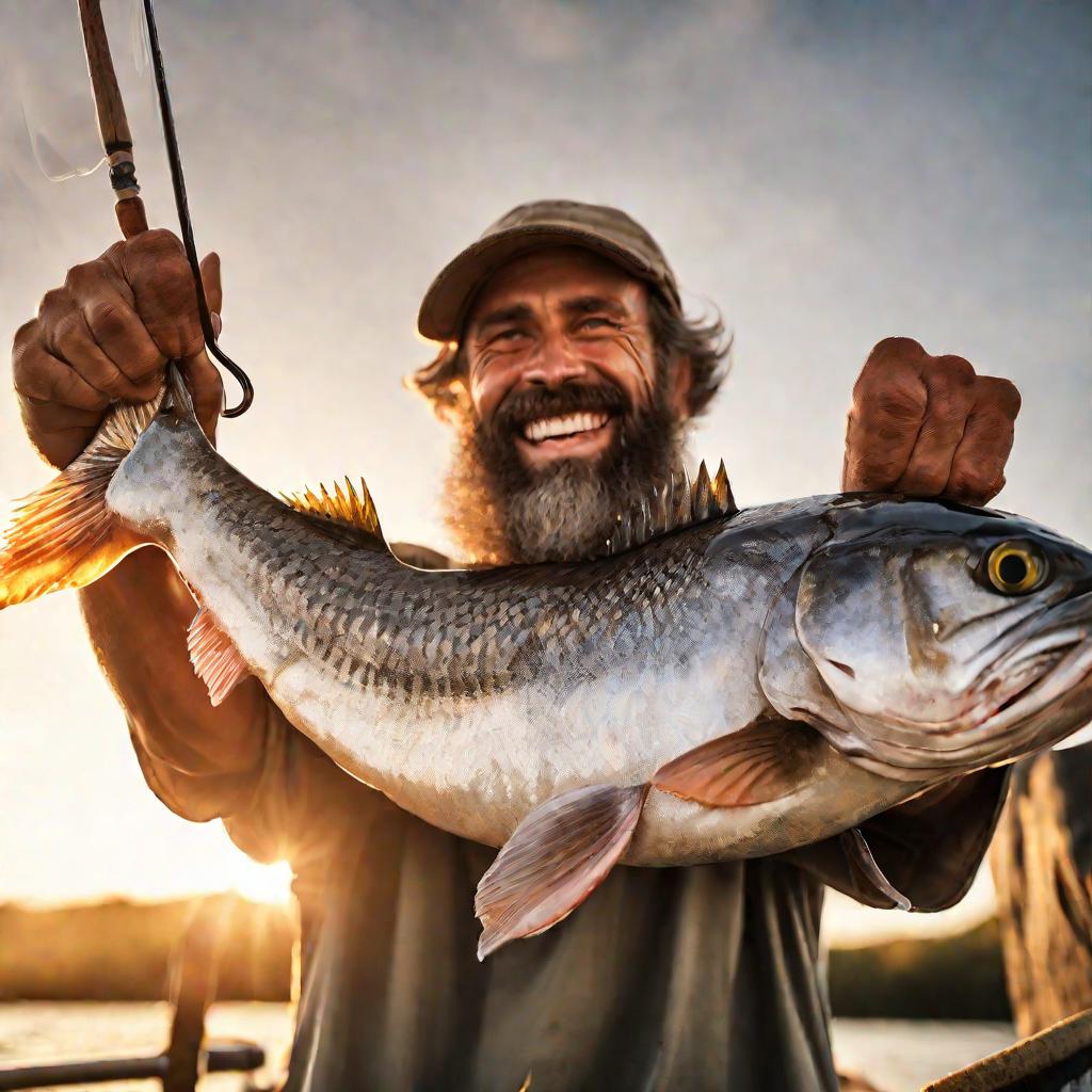 Рыбак держит большую свежепойманную рыбу на закате