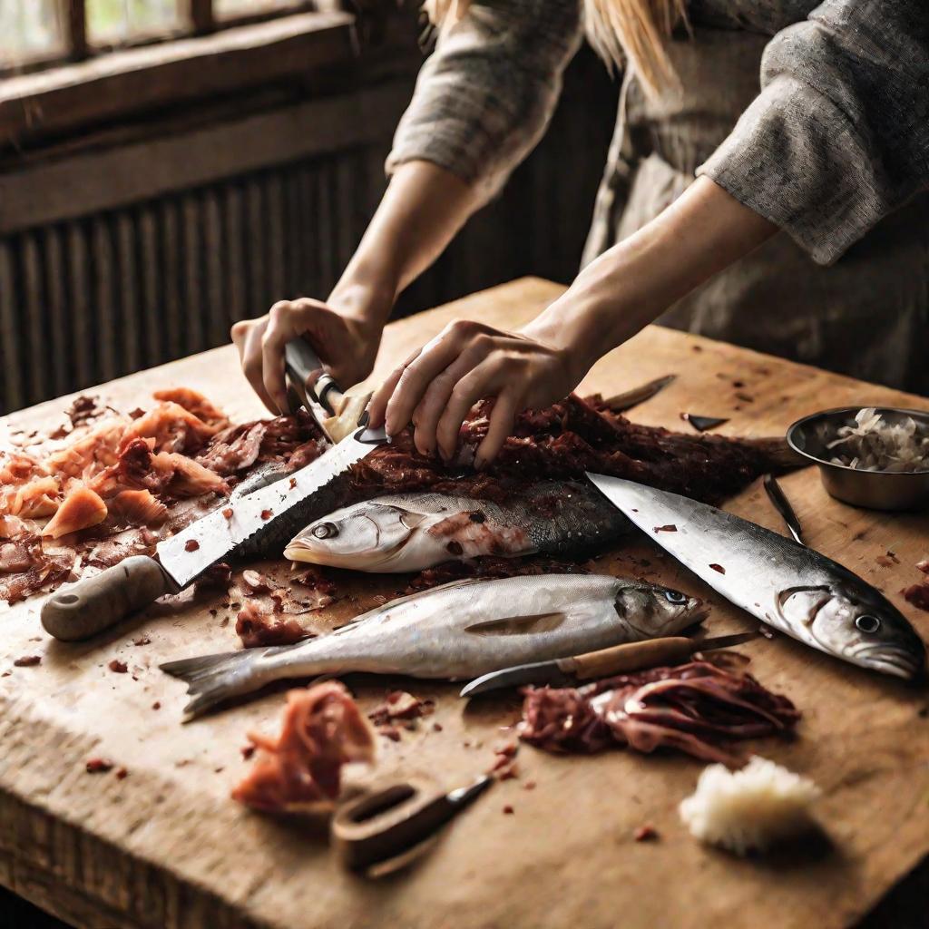 Руки женщины разделывают рыбу на столе с инструментами