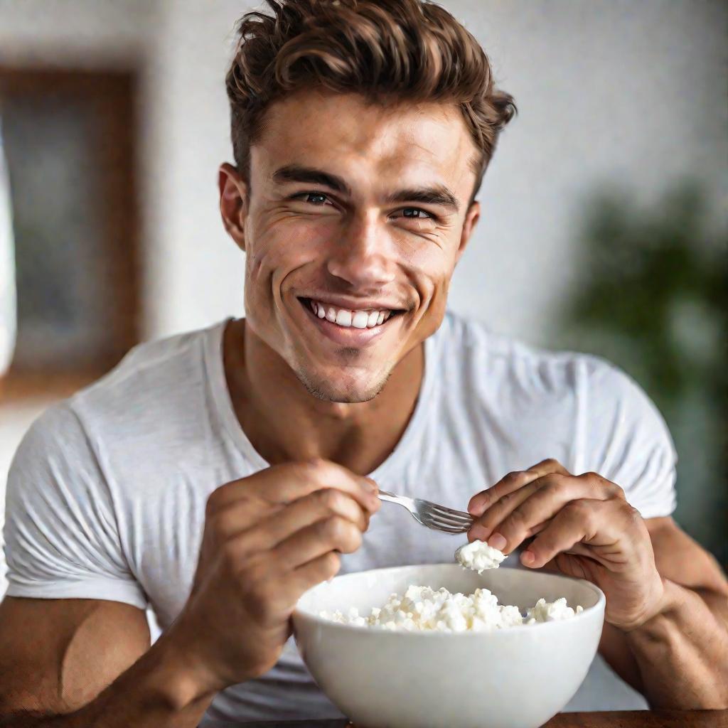Портрет молодого мускулистого мужчины, ест творог