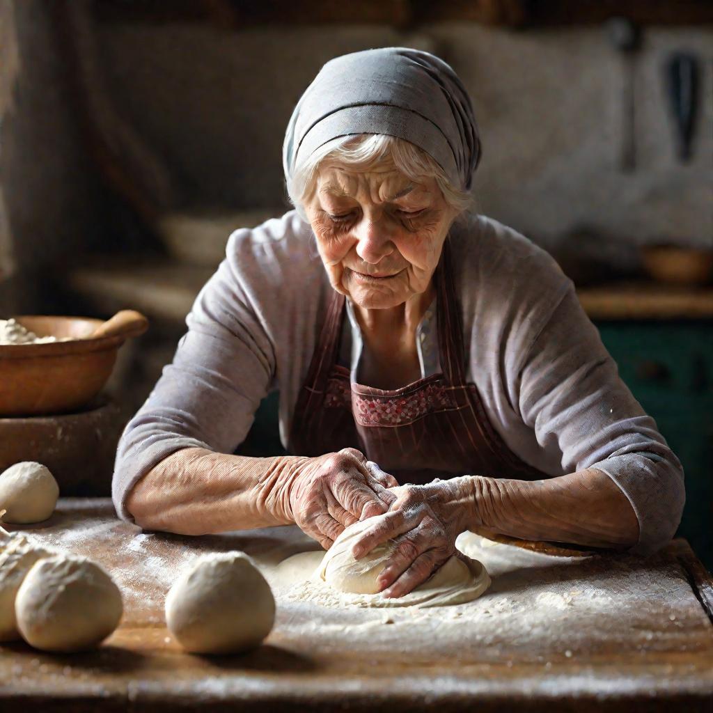 Пожилая женщина в платке месит тесто