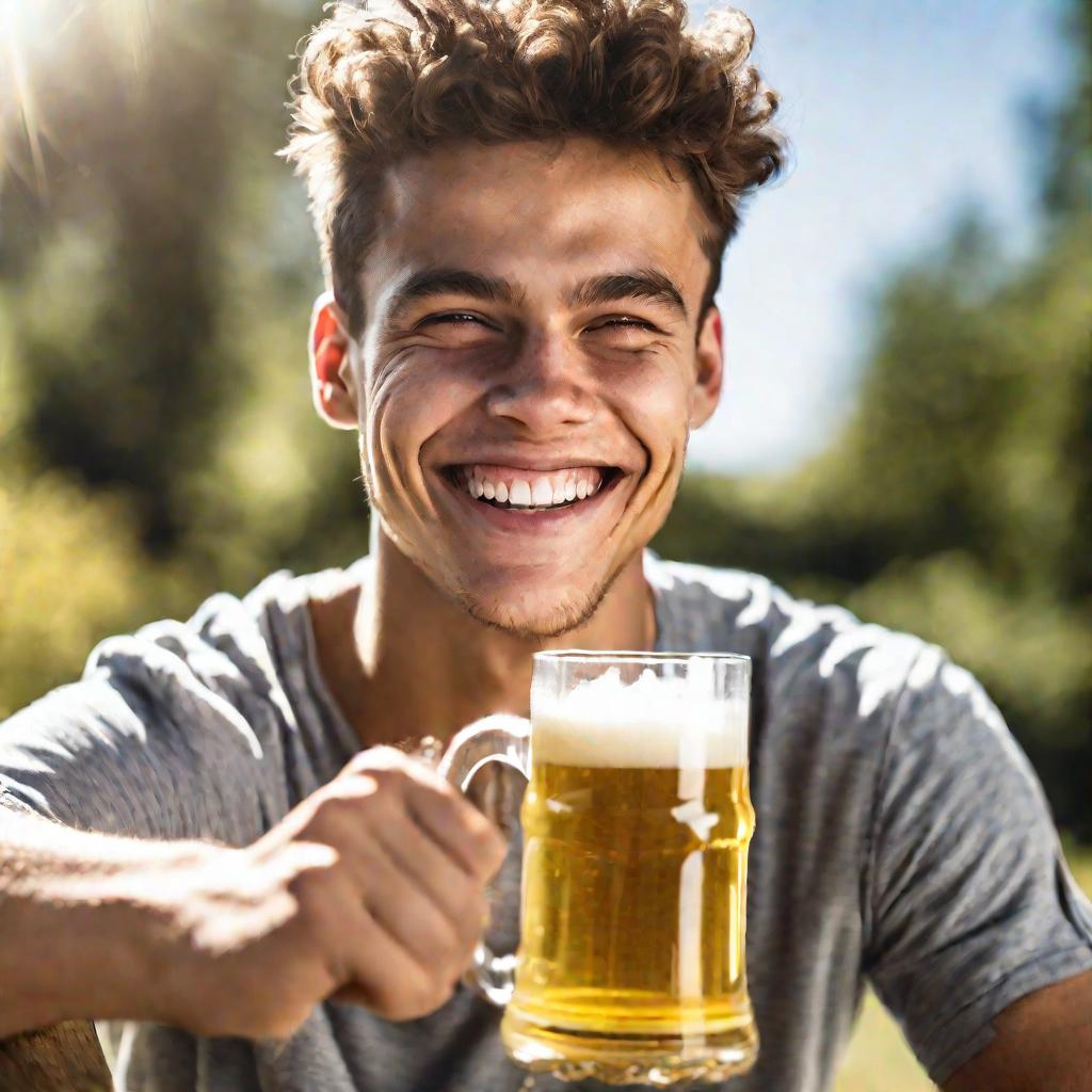 Молодой человек пьет пиво из кружки и улыбается