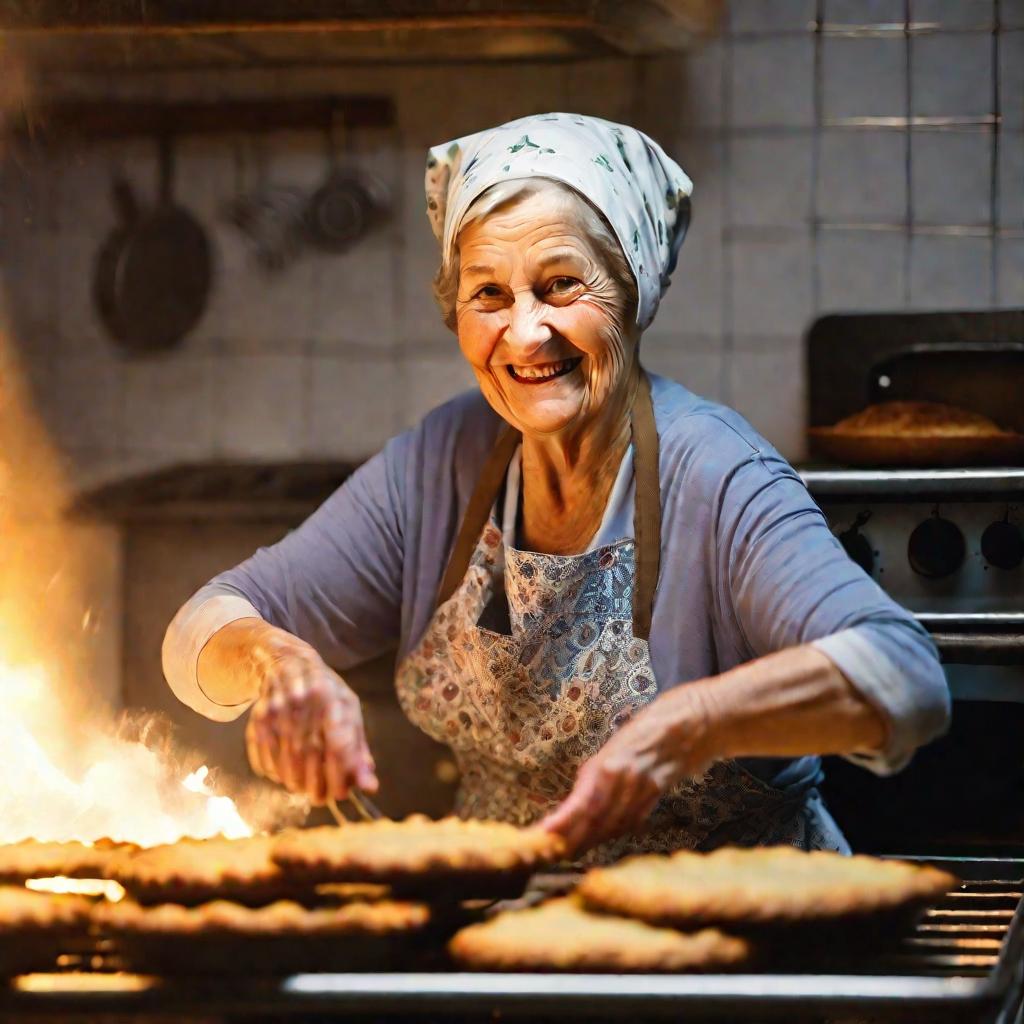 Портрет пожилой женщины в платке и фартуке, достающей противень с только что испеченными пирожками с ливером из старой газовой духовки на кухне