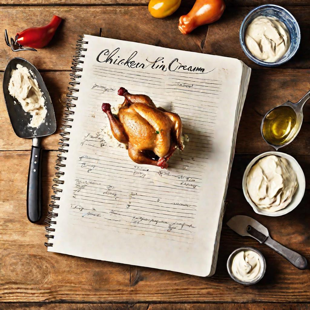 Рецепт курицы в сметане на странице блокнота с ингредиентами