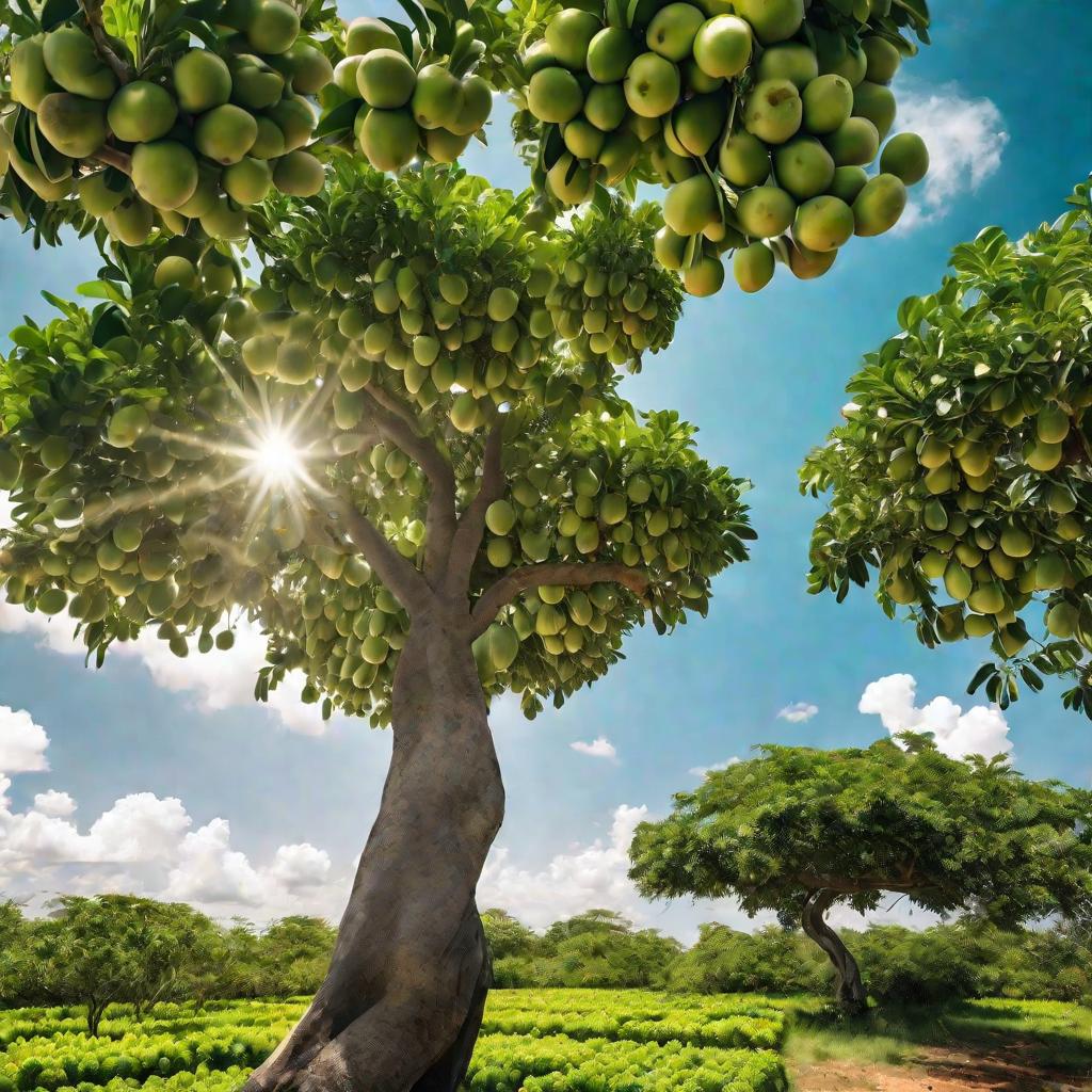 Широкий вид сверху на большое дерево помело с зелеными плодами на ветвях, растущее в тропическом саду в солнечный летний день