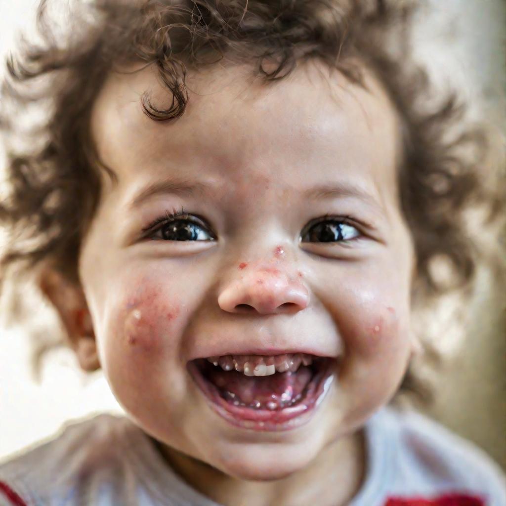 Портрет ребенка с сыпью на губах, похожей на симптомы вируса Коксаки