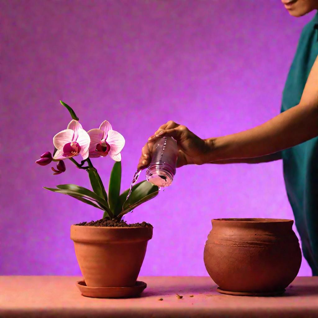 Женщина поливает орхидею