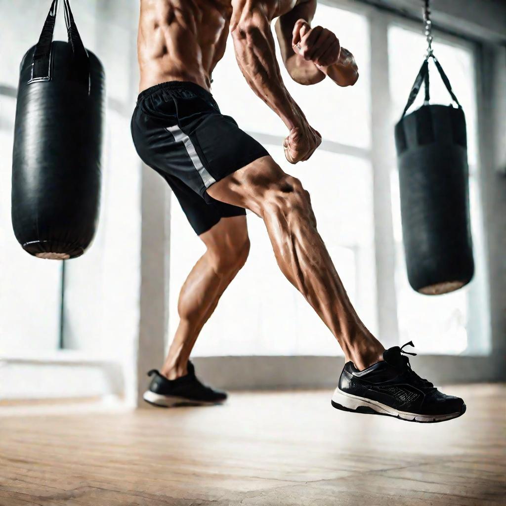 Тренировка удара ногой по боксерской груше в спортзале с нижнего ракурса при ярком студийном освещении.