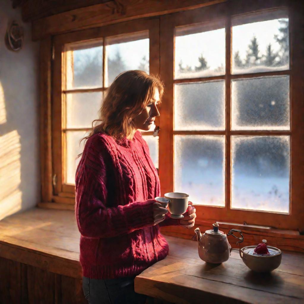 Женщина с чашкой брусничного чая у окна в туманное утро